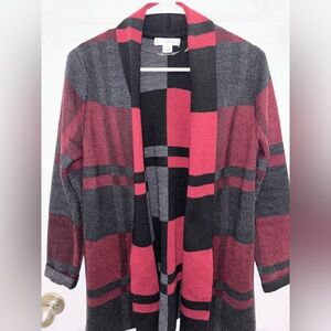 Plaid Open Front Cardigan Sweater - Red and Black